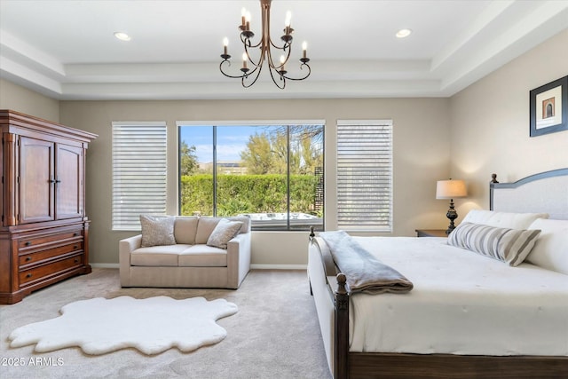 bedroom featuring a tray ceiling, recessed lighting, light colored carpet, and baseboards