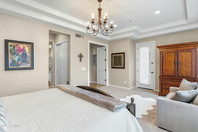 bedroom with light carpet, visible vents, a raised ceiling, and baseboards