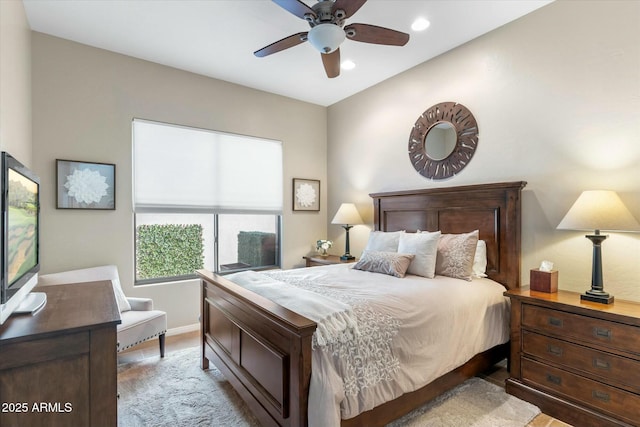 bedroom with recessed lighting, baseboards, and ceiling fan