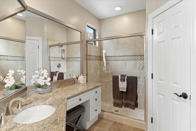 full bath with a shower stall and vanity