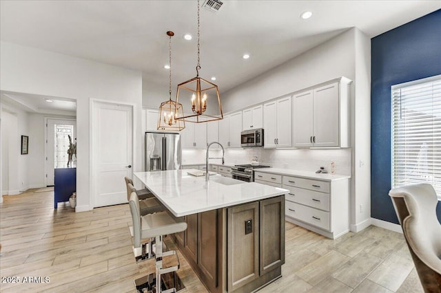 kitchen with visible vents, a sink, light countertops, appliances with stainless steel finishes, and tasteful backsplash