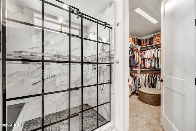 full bathroom featuring a walk in closet and a stall shower