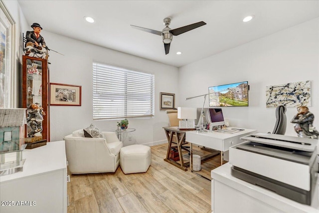 home office with light wood-style flooring, recessed lighting, baseboards, and ceiling fan