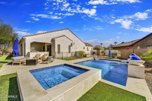 view of swimming pool with a fenced in pool, outdoor lounge area, a fenced backyard, a patio area, and an in ground hot tub