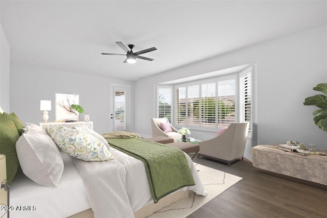 bedroom featuring ceiling fan and dark hardwood / wood-style flooring