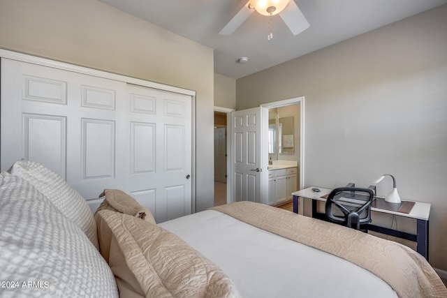 bedroom featuring ceiling fan, connected bathroom, and a closet