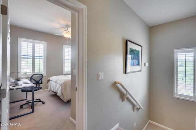 carpeted bedroom with ceiling fan