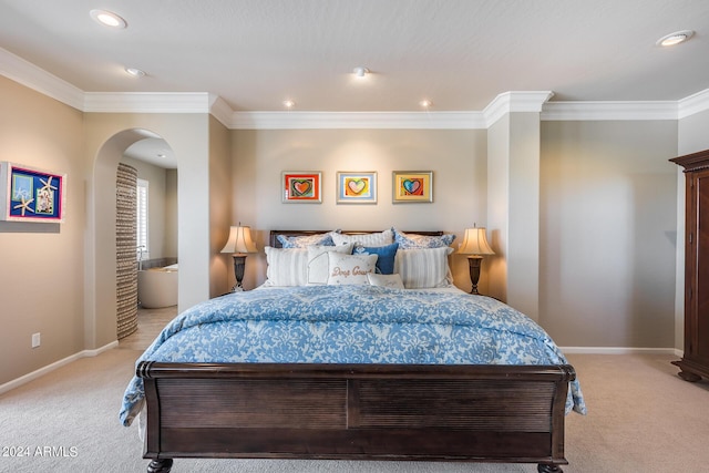 carpeted bedroom with crown molding