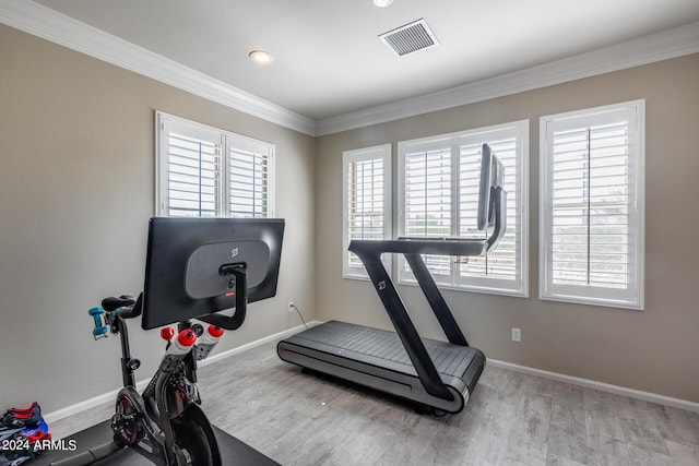 workout area with ornamental molding and light hardwood / wood-style flooring