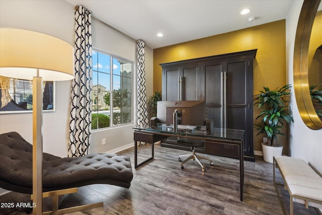 office space with baseboards, wood finished floors, and recessed lighting