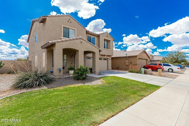 41811 W Avella Dr, Maricopa, AZ 85138 - mediterranean / spanish-style home featuring driveway, a tiled roof, an attached garage, a front lawn, and stucco siding