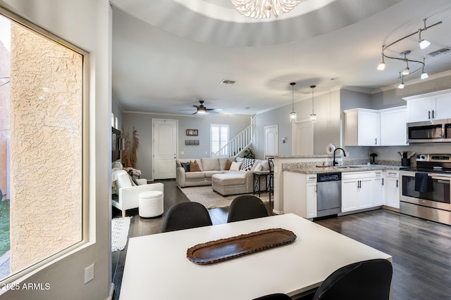 kitchen with white cabinetry, decorative light fixtures, dark wood-type flooring, and stainless steel appliances