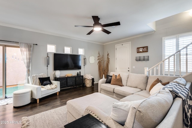 living room featuring crown molding, dark hardwood / wood-style floors, and ceiling fan