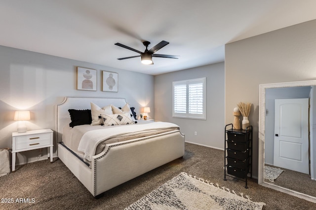 bedroom featuring dark carpet and ceiling fan