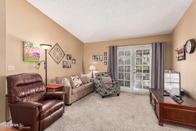 carpeted living room featuring a textured ceiling