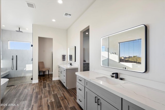 bathroom with walk in shower and vanity