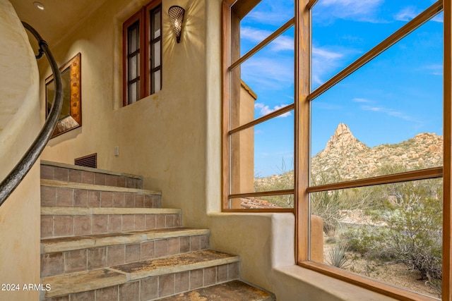 stairs with a mountain view