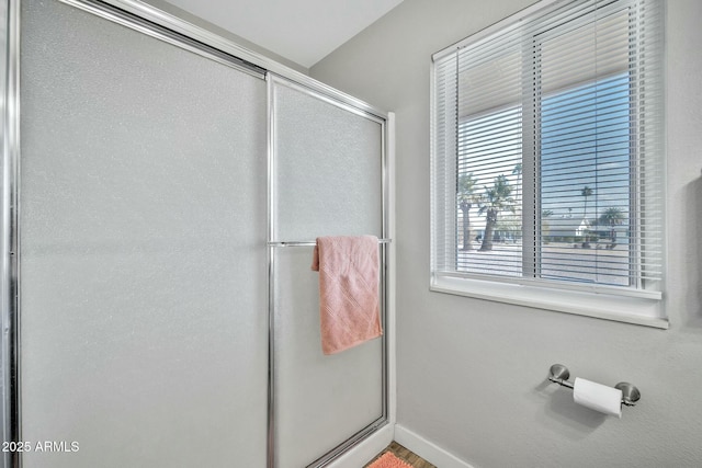 bathroom featuring a shower with shower door