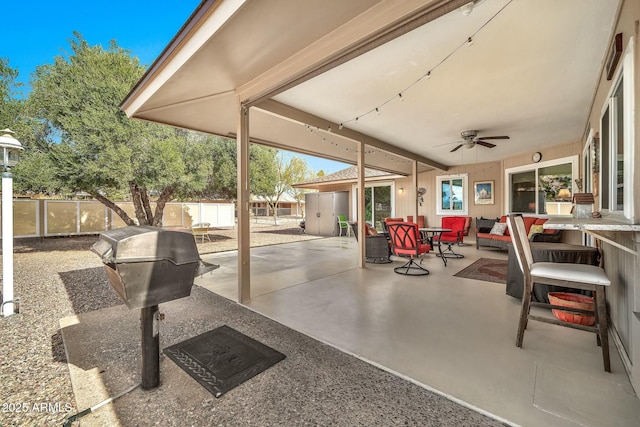 view of patio / terrace featuring ceiling fan and an outdoor hangout area