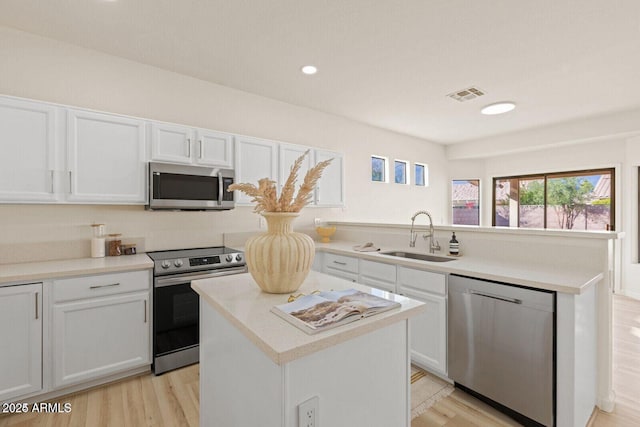 kitchen featuring appliances with stainless steel finishes, a sink, visible vents, and white cabinets