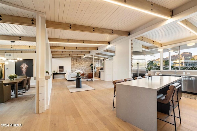 interior space featuring vaulted ceiling with beams, wood ceiling, and light hardwood / wood-style floors