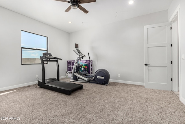 workout room with carpet floors and ceiling fan