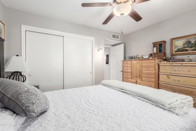 bedroom featuring a ceiling fan, a closet, and visible vents