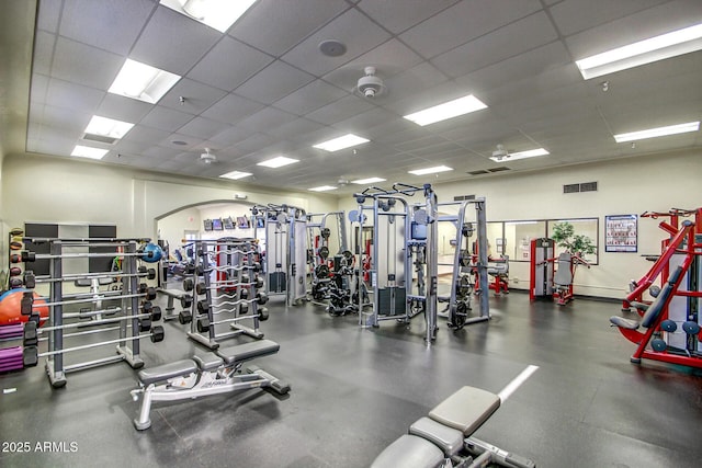 gym featuring visible vents and a drop ceiling