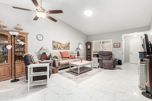 living room with a ceiling fan, marble finish floor, and high vaulted ceiling