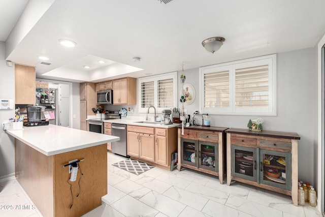 kitchen with marble finish floor, a peninsula, a tray ceiling, a sink, and stainless steel appliances