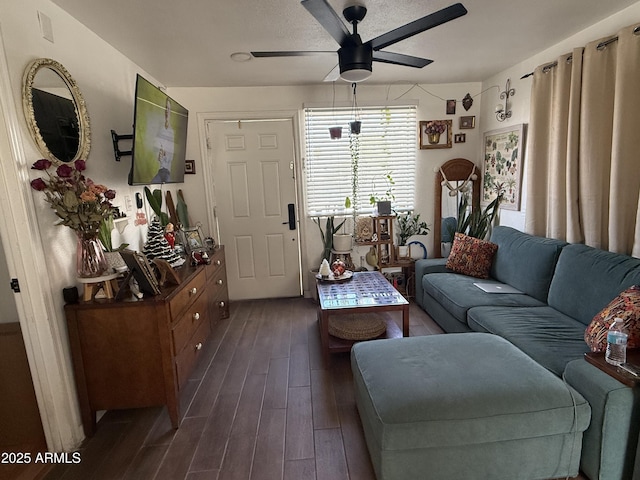 living room featuring ceiling fan and dark hardwood / wood-style flooring