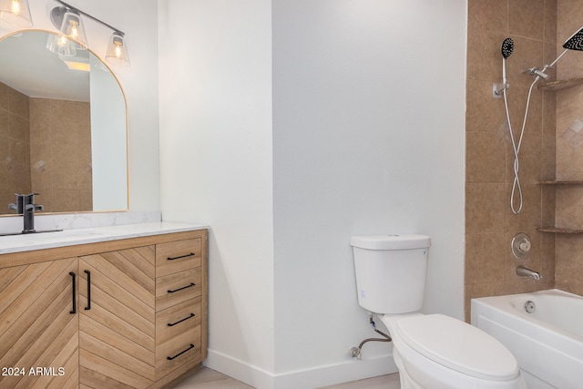 full bathroom featuring vanity, tiled shower / bath combo, toilet, and tile patterned flooring