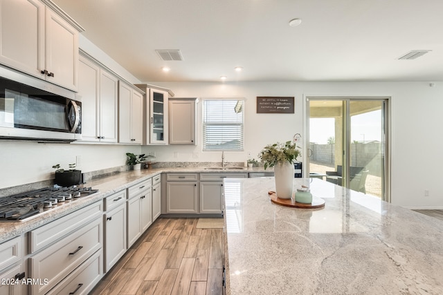 kitchen featuring appliances with stainless steel finishes, light hardwood / wood-style flooring, light stone counters, and sink