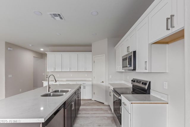 kitchen featuring a sink, white cabinets, visible vents, and stainless steel appliances