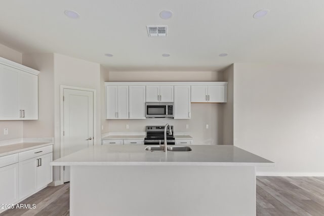 kitchen featuring light wood-type flooring, visible vents, a sink, white cabinetry, and stainless steel appliances