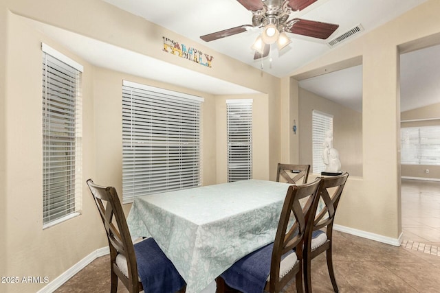 dining room with ceiling fan and tile patterned flooring