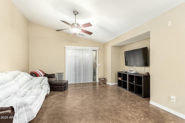 living room with ceiling fan and lofted ceiling