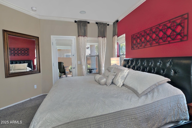 carpeted bedroom with ornamental molding