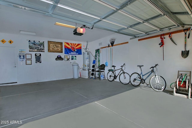 garage with a garage door opener and water heater