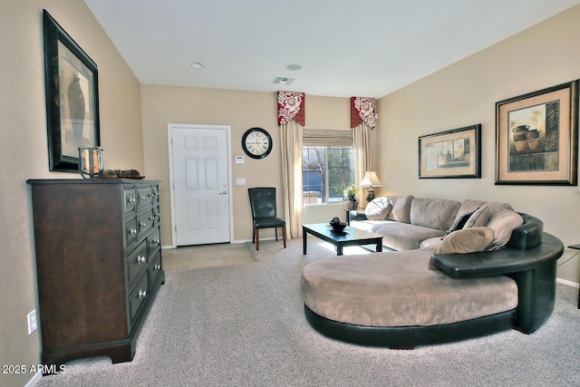 living room featuring light carpet