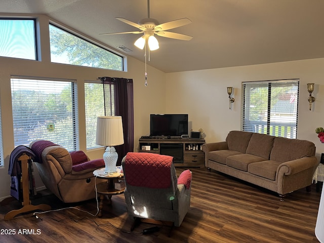 100 N Lariat Way, Payson, AZ 85541 - living room with vaulted ceiling, dark wood-type flooring, a ceiling fan, and plenty of natural light