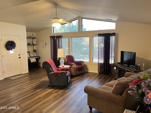 100 N Lariat Way, Payson, AZ 85541 - living room featuring a ceiling fan, dark wood finished floors, lofted ceiling, and baseboards