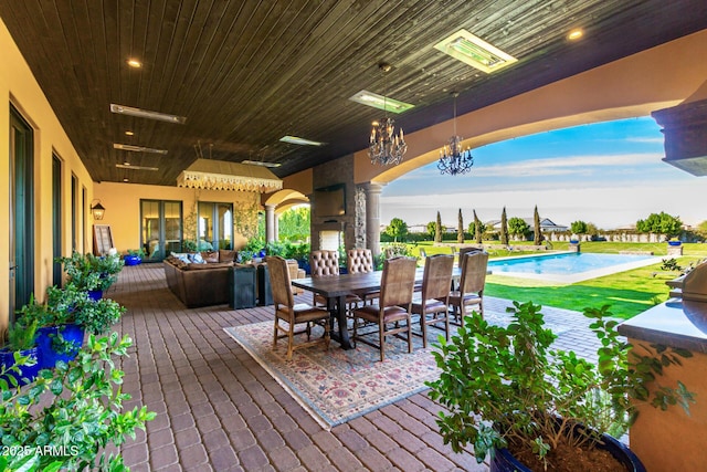 wooden deck featuring a patio, outdoor dining area, visible vents, and an outdoor pool