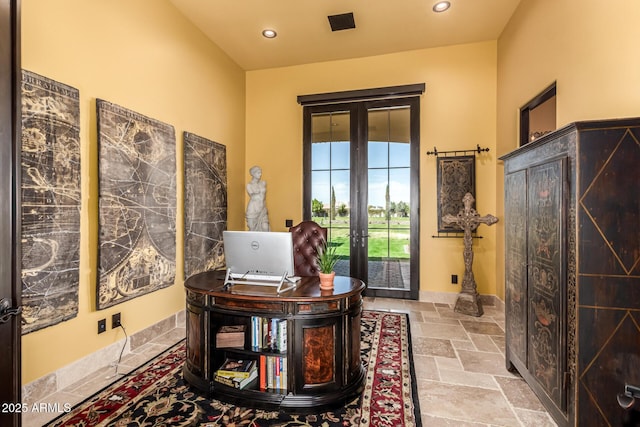 home office with recessed lighting, french doors, visible vents, and stone tile floors