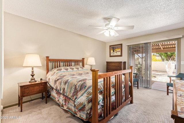 bedroom with access to exterior, a textured ceiling, light carpet, and ceiling fan