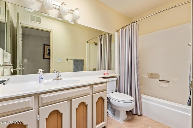 bathroom featuring visible vents, shower / bath combo with shower curtain, toilet, tile patterned flooring, and vanity