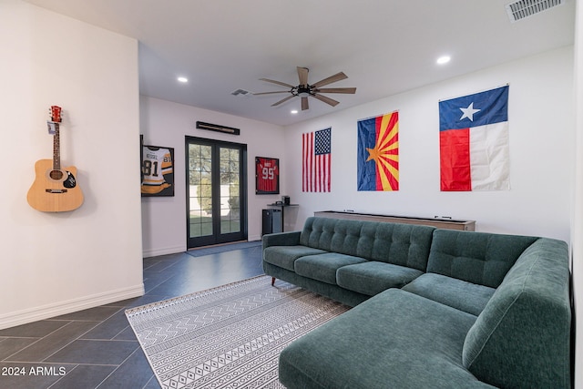 tiled living room with recessed lighting, visible vents, baseboards, and french doors