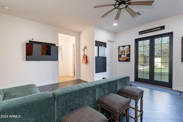 bar featuring recessed lighting, a ceiling fan, visible vents, baseboards, and french doors