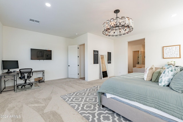 bedroom with visible vents, ensuite bathroom, light carpet, a chandelier, and baseboards