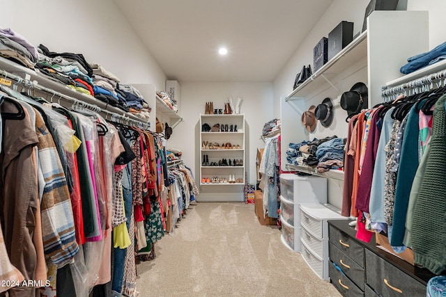 spacious closet featuring light colored carpet